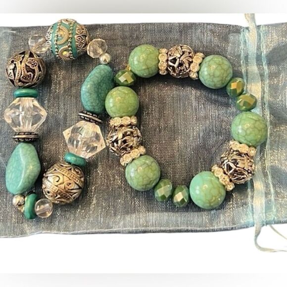 NWT Angelas Designs handmade Turquoise silver crystal & clear beaded bracelets - Picture 1 of 10